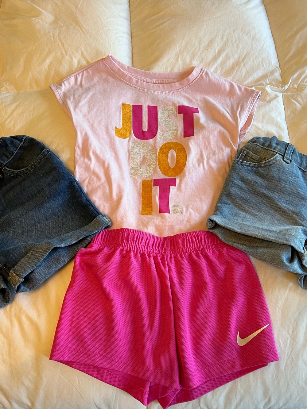 Nike Kids Pink and Gold 'Just Do It' Tee with Hot Pink Shorts